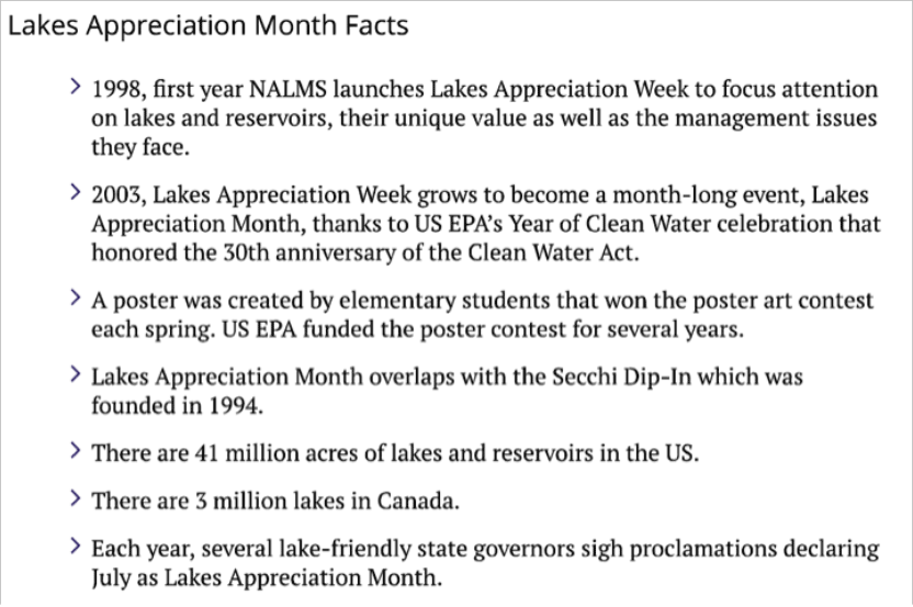 Lake Appreciation Month Facts